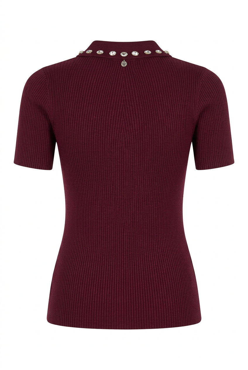 Maglia Polo a Coste in Misto Viscosa con Cristalli Cabochon