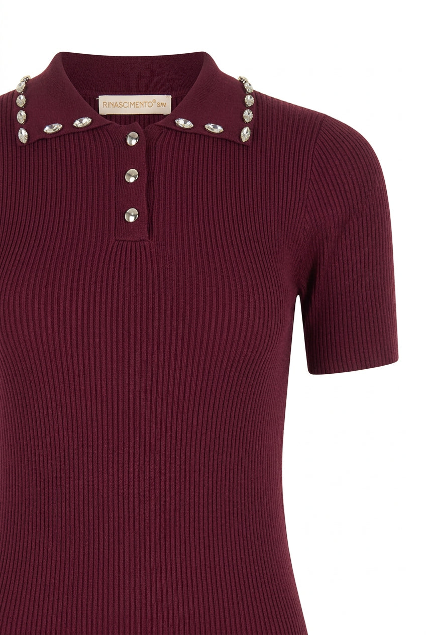 Maglia Polo a Coste in Misto Viscosa con Cristalli Cabochon