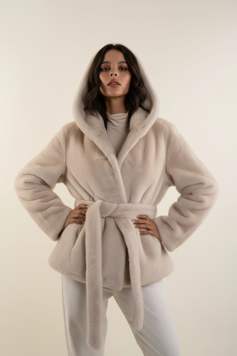 Giacca in Ecopelliccia con Cintura e Bottone Gioiello