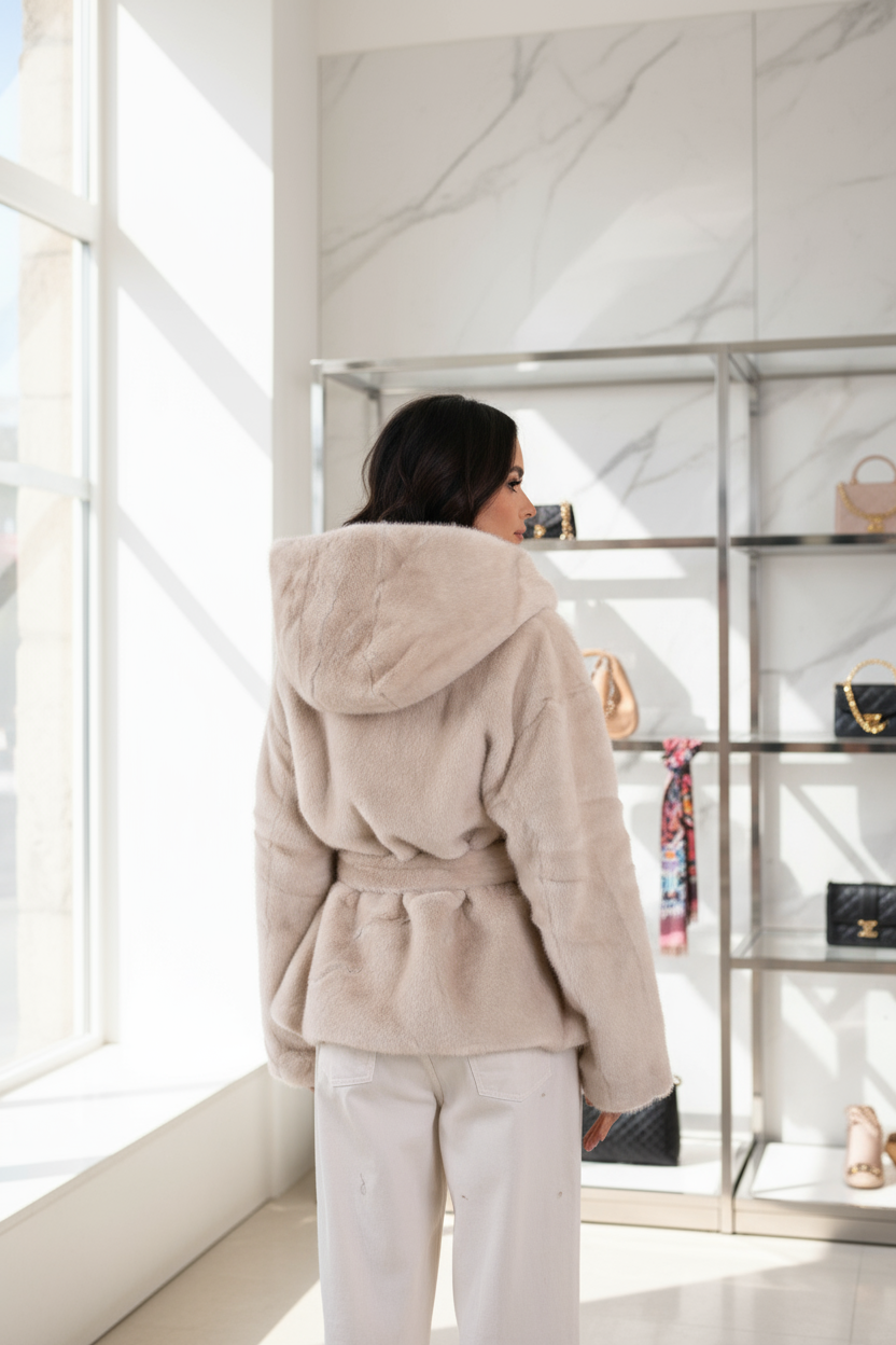 Giacca in Ecopelliccia con Cintura e Bottone Gioiello