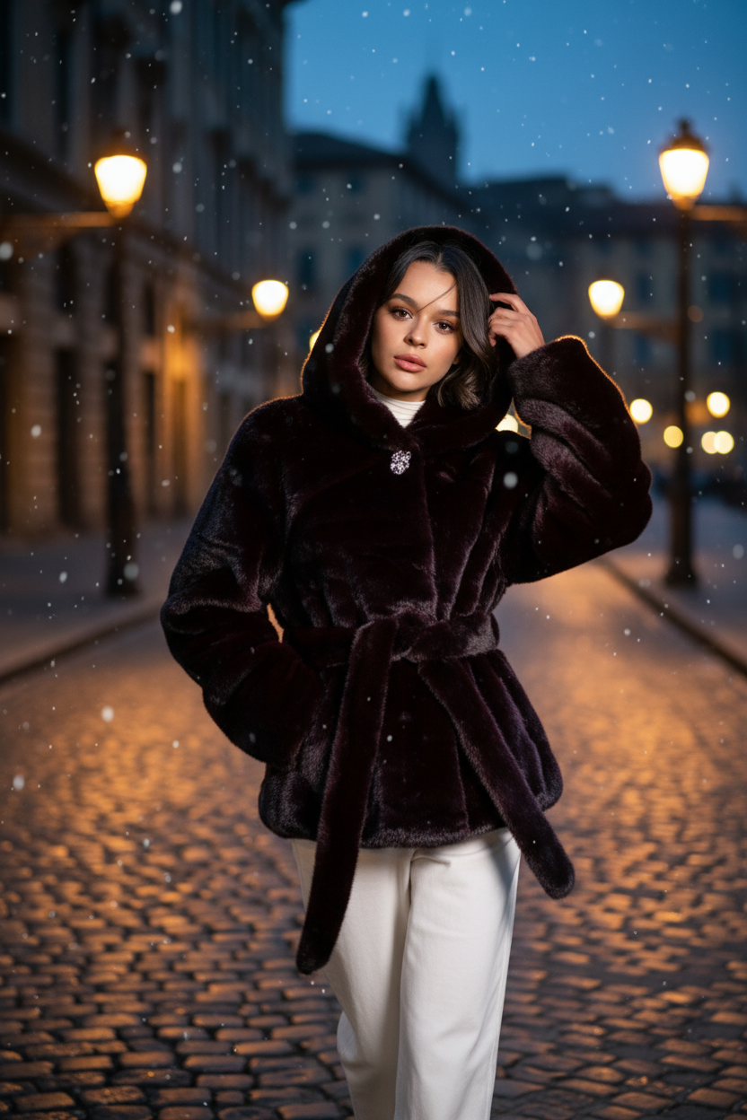 Giacca in Ecopelliccia con Cintura e Bottone Gioiello