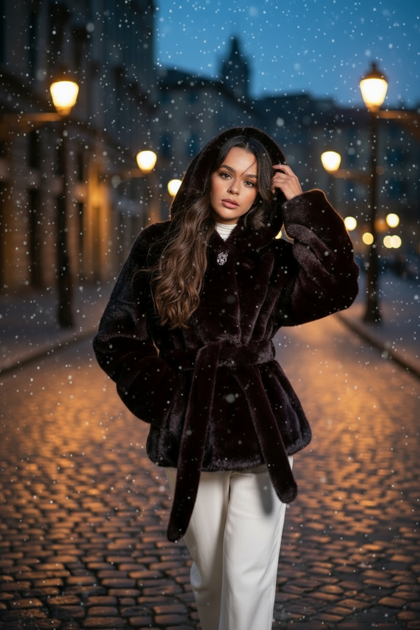 Giacca in Ecopelliccia con Cintura e Bottone Gioiello