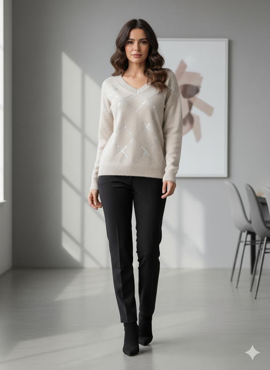 Maglione a Rombi in Strass con Scollo a V