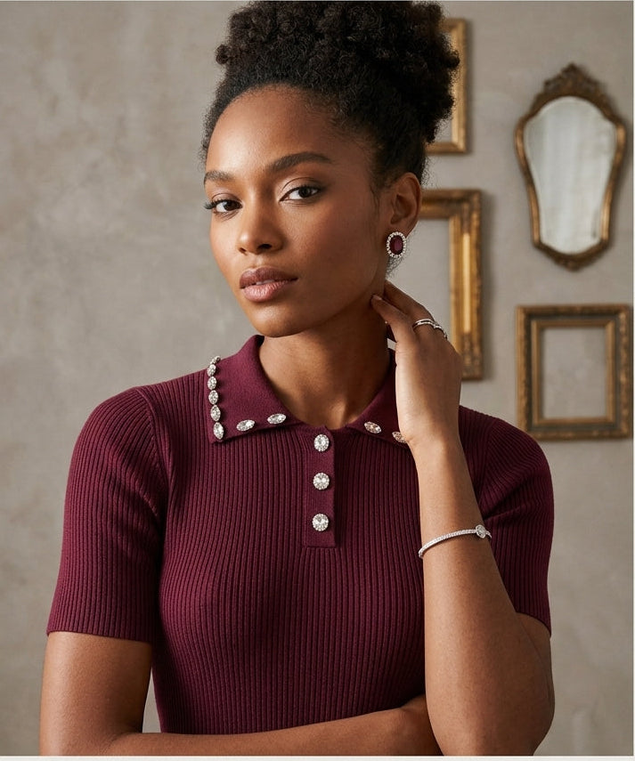 Maglia Polo a Coste in Misto Viscosa con Cristalli Cabochon