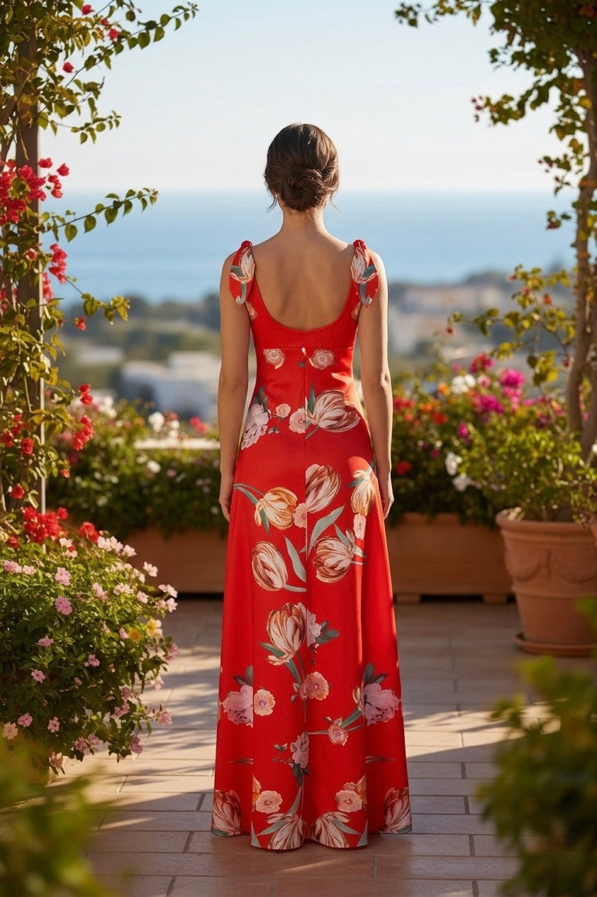 Abito Lungo Rosso Fragola con Stampa Floreale