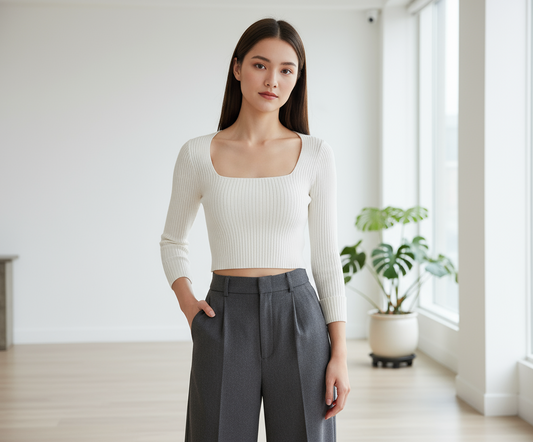 Maglia Costine Scollo Quadrato Manica Lunga