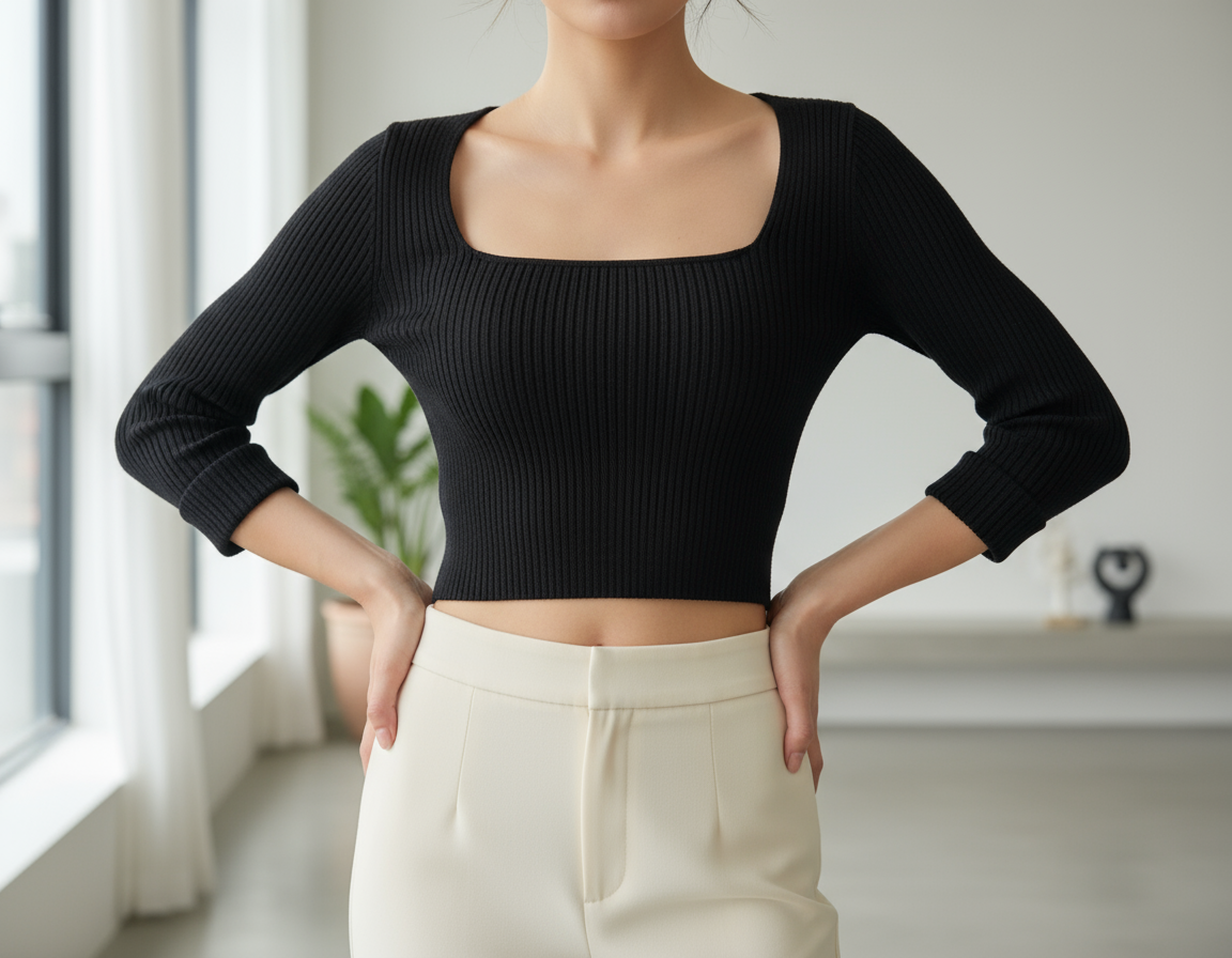 Maglia Costine Scollo Quadrato Manica Lunga