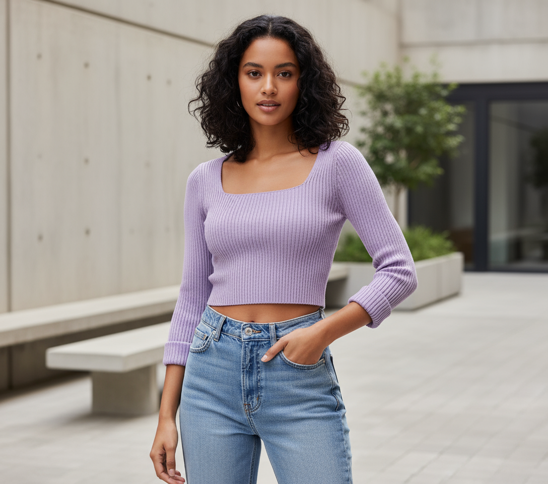 Maglia Costine Scollo Quadrato Manica Lunga