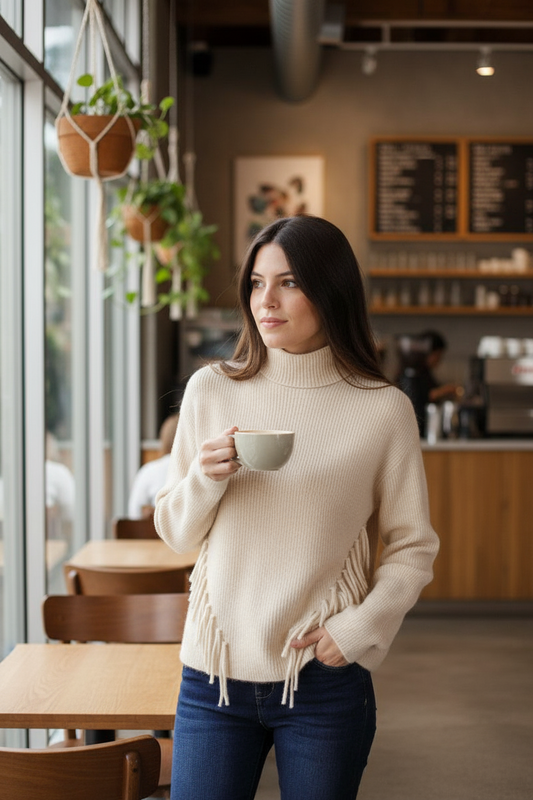 Maglione a Collo Alto con Frange