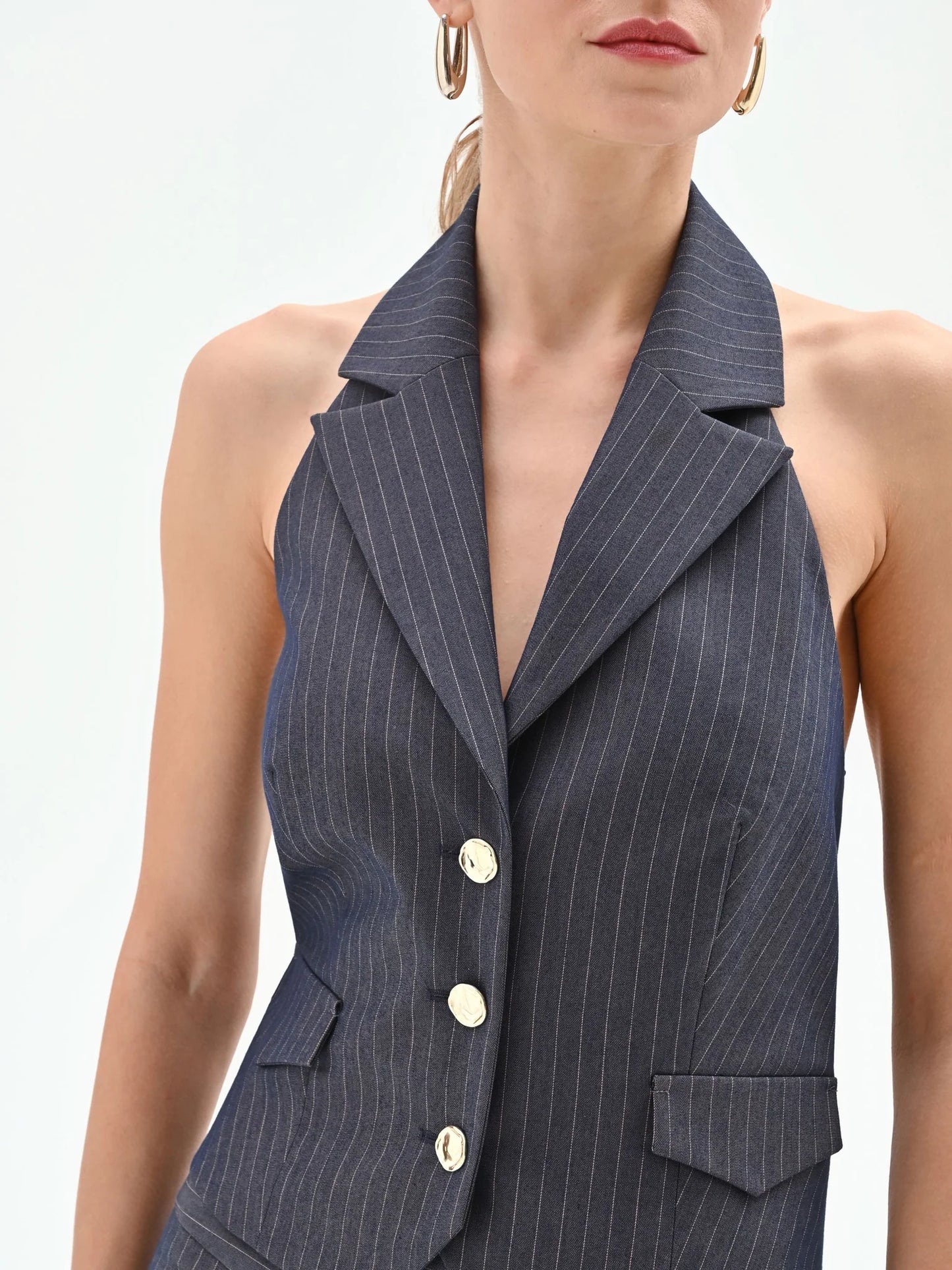 Gilet Gessato Blu Con Scollo All'Americana