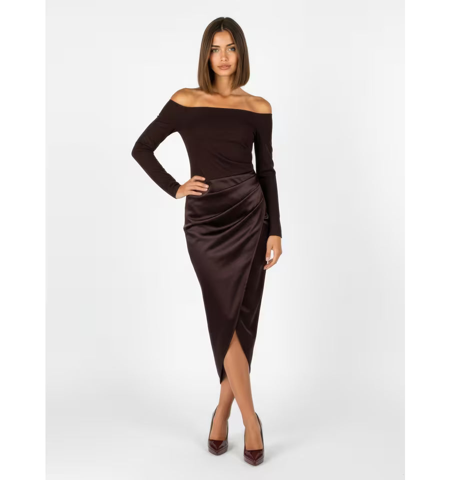 Abito Lungo A Ruota In Raso Con Top In Scuba Crepe