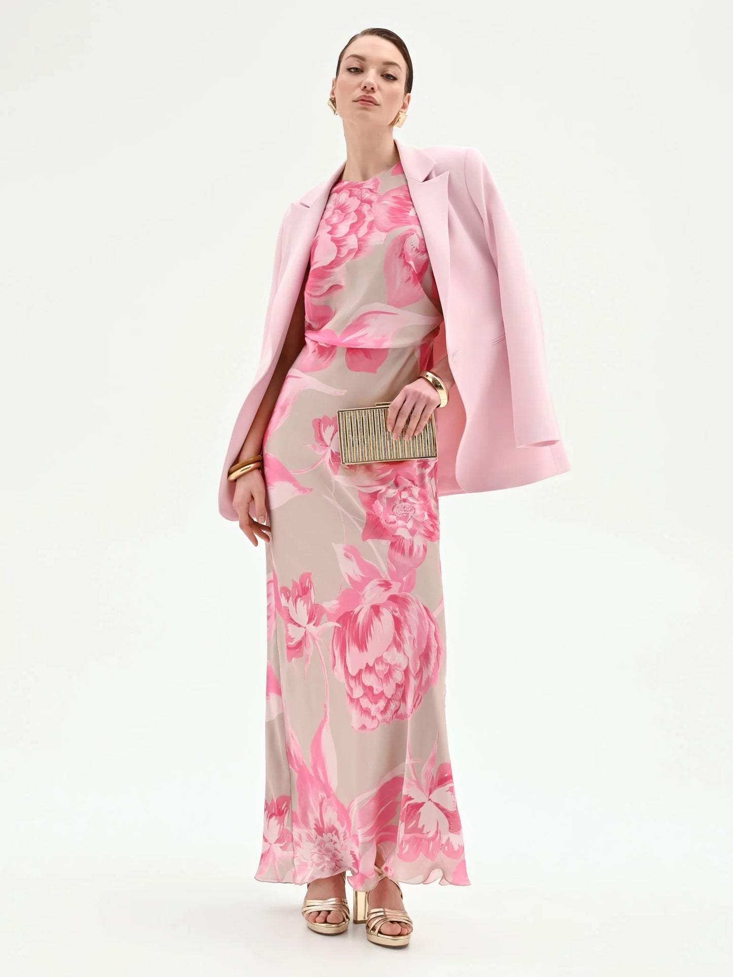 Abito Lungo Rosa con Stampa Floreale