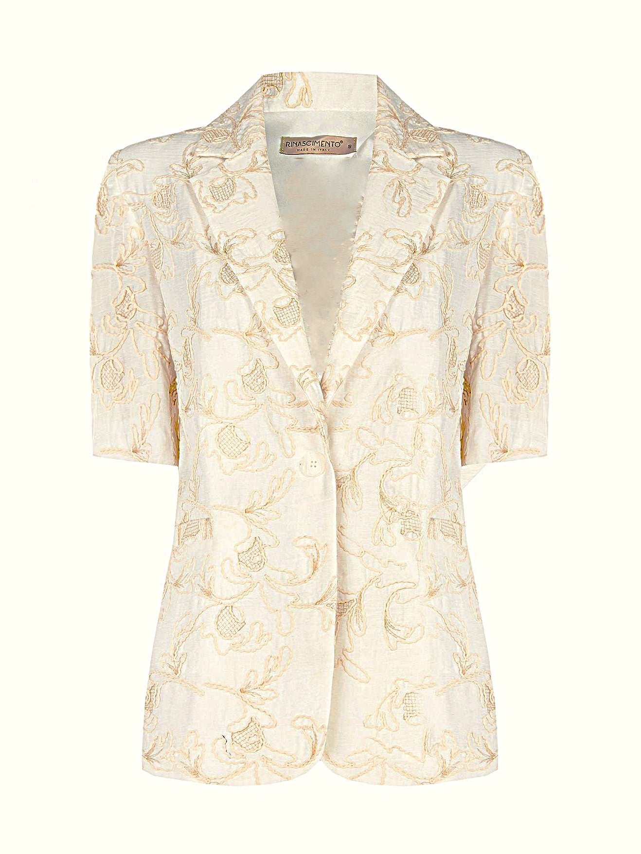 Giacca Blazer in Misto Viscosa e Lino con Ricami a Fiori in Rilievo