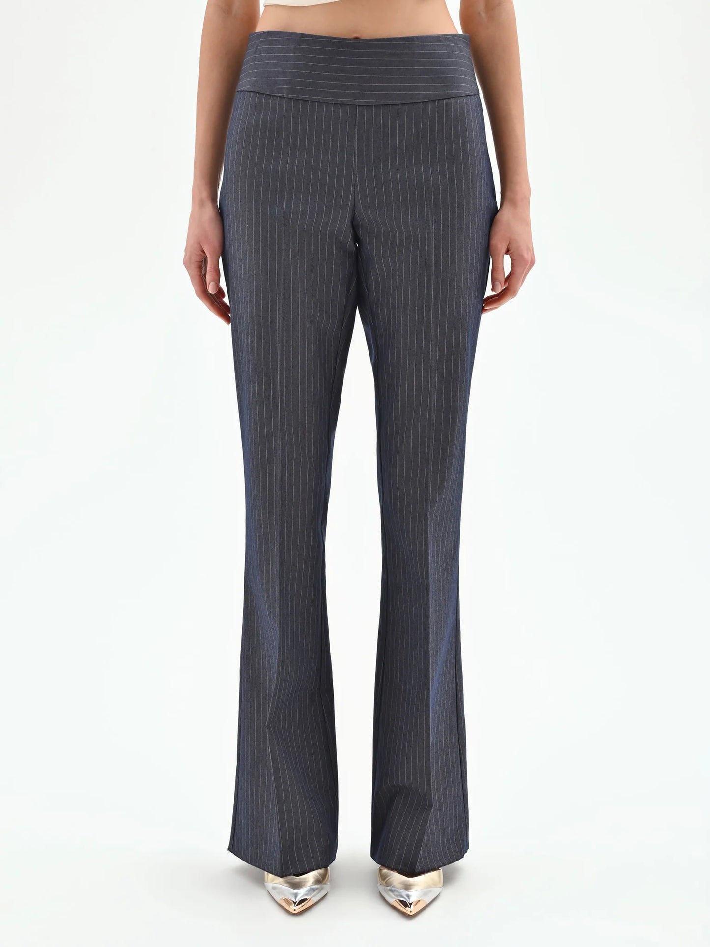Pantalone Gessato Blu Mid Flared