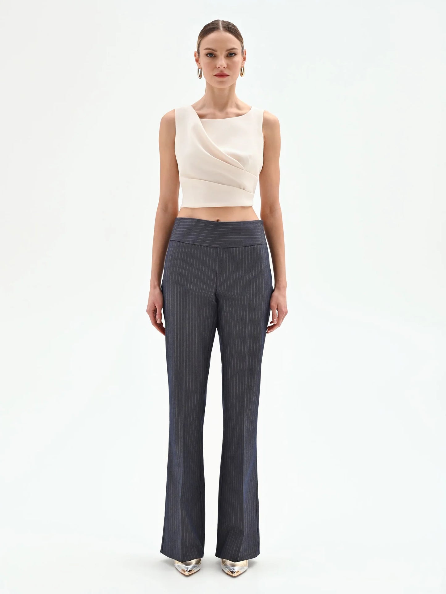 Pantalone Gessato Blu Mid Flared