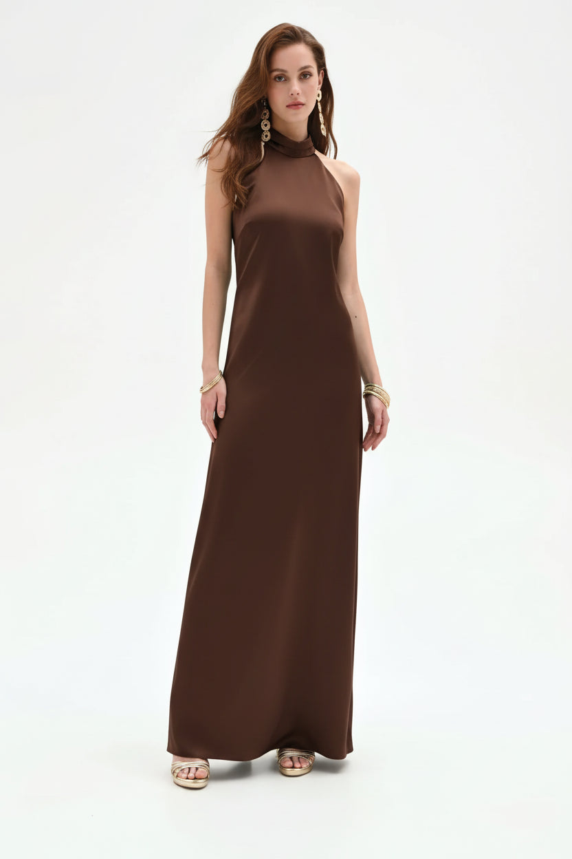 Abito Lungo in Raso con Scollo Halter
